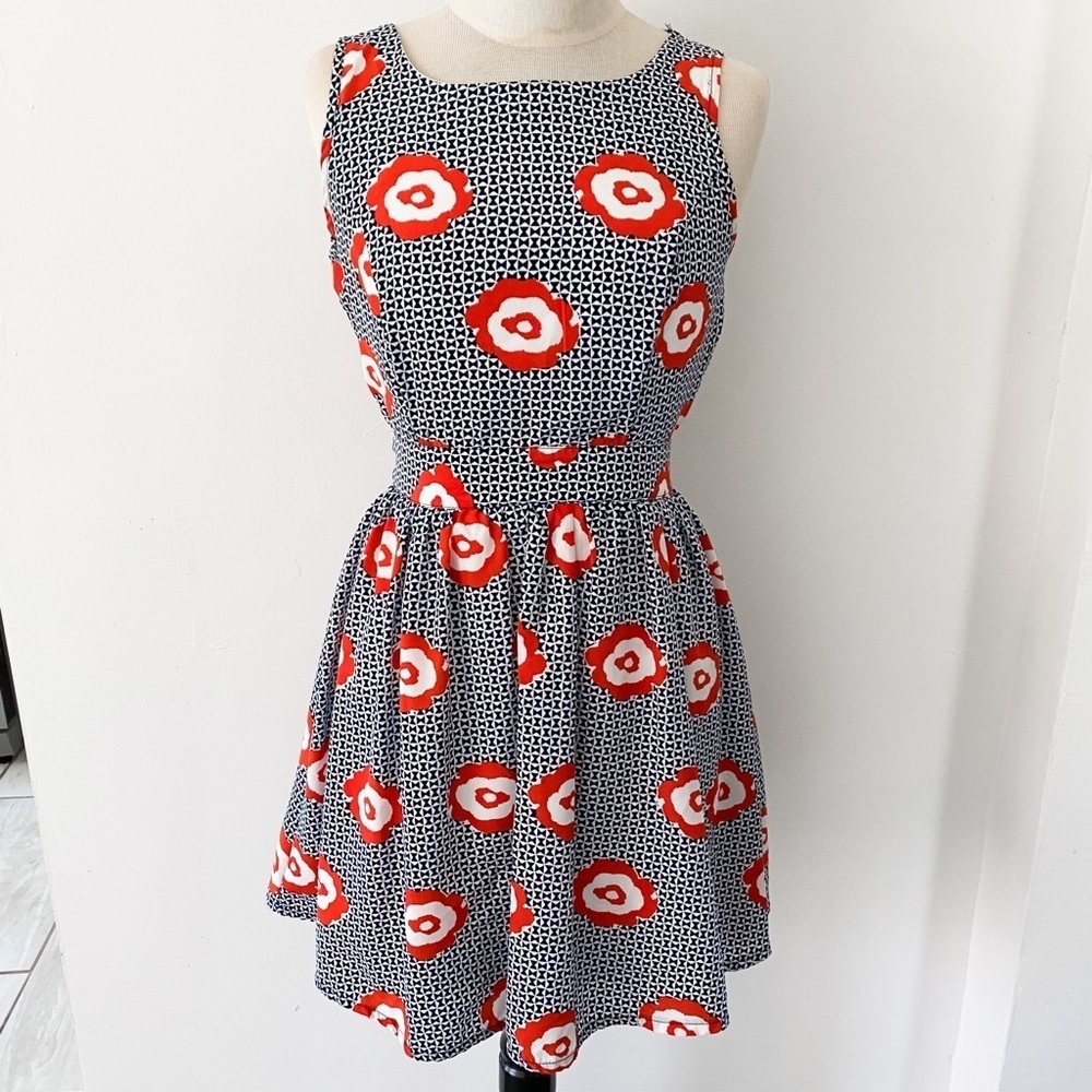 Pinky Retro Floral Cut Out Dress, Size Small, Navy, White, Red